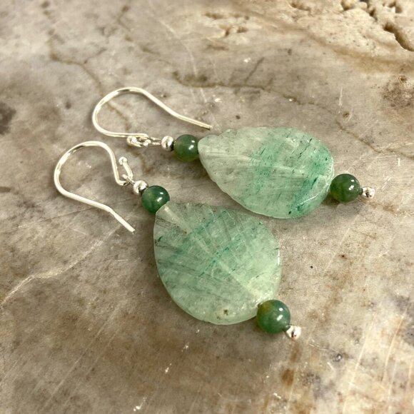 Sterling Silver 925 Beaded Carved Jadeite & Tourmaline Leaf Dangle Earrings - Picture 6 of 16